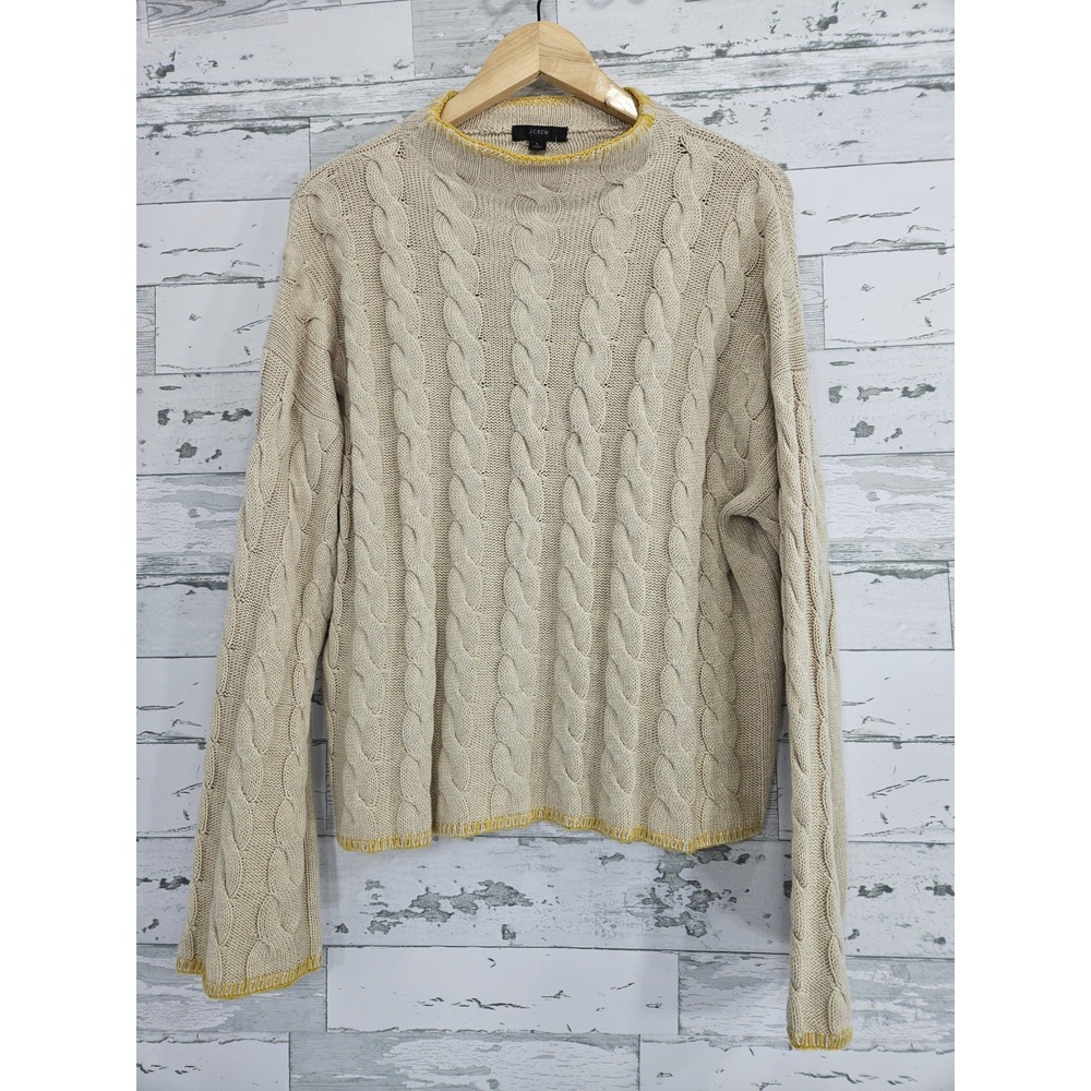 J Crew Womens L Beige Cotton Cashmere Cable Knit Mock Neck Sweater Yellow Trim